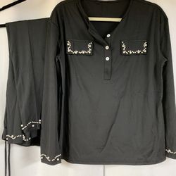 Medium Black Pant Suit Set With White Pearl Like Embellishments On Front Pockets, Sleeves, And Pants Bottom