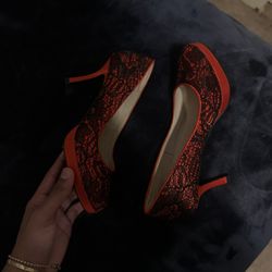 New Juliet Red & Black Lace Women's Pole Low Heels Stiletto Shoes Size 7 #women hills