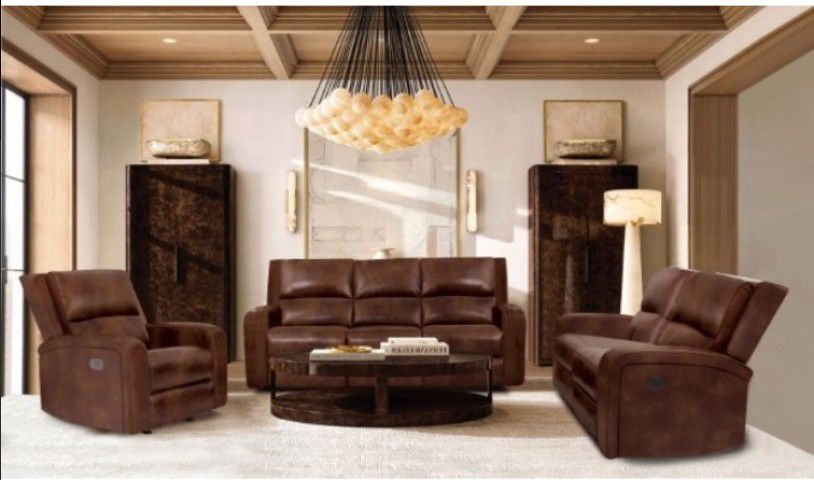 Brand New Brown Top Grain Leather 3pc Power Reclining Sofa Set