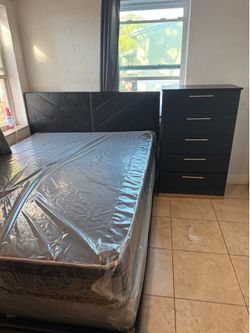 Queen bed frame with mattress set and chest all new furniture free installation