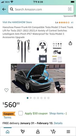 Hansshow Power Frunk Kit Compatible Tesla Model 3 Front Trunk Lift for Tesla 2021 2022 2023,A Variety of Control Switches Lntelligent Anti-Pinch IP67 