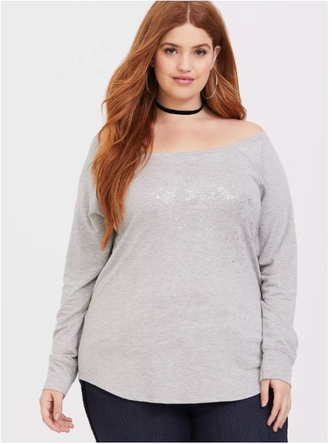 Torrid Grey Gray Foil Sweatshirt Off Shoulder Neck Plus Size 2 (2XL)