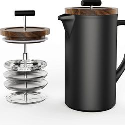 Ceramic French Press Porcelain Coffee & Tea Maker with Wooden Lid and Handle, Premium Triple Filters 304 Stainless Steel for Home and Office, Black