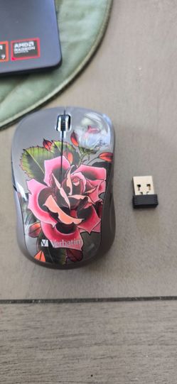Verbatim Wireless Notebook Multi-Trac Blue LED Mouse from the Tattoo Series featuring rose artwork by tattoo artist Chris Nuñez.