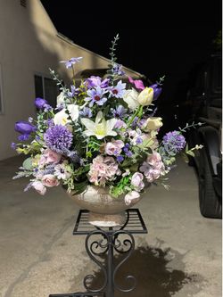 Large Purple and White Artificial Floral Arrangement in Stone Bowl