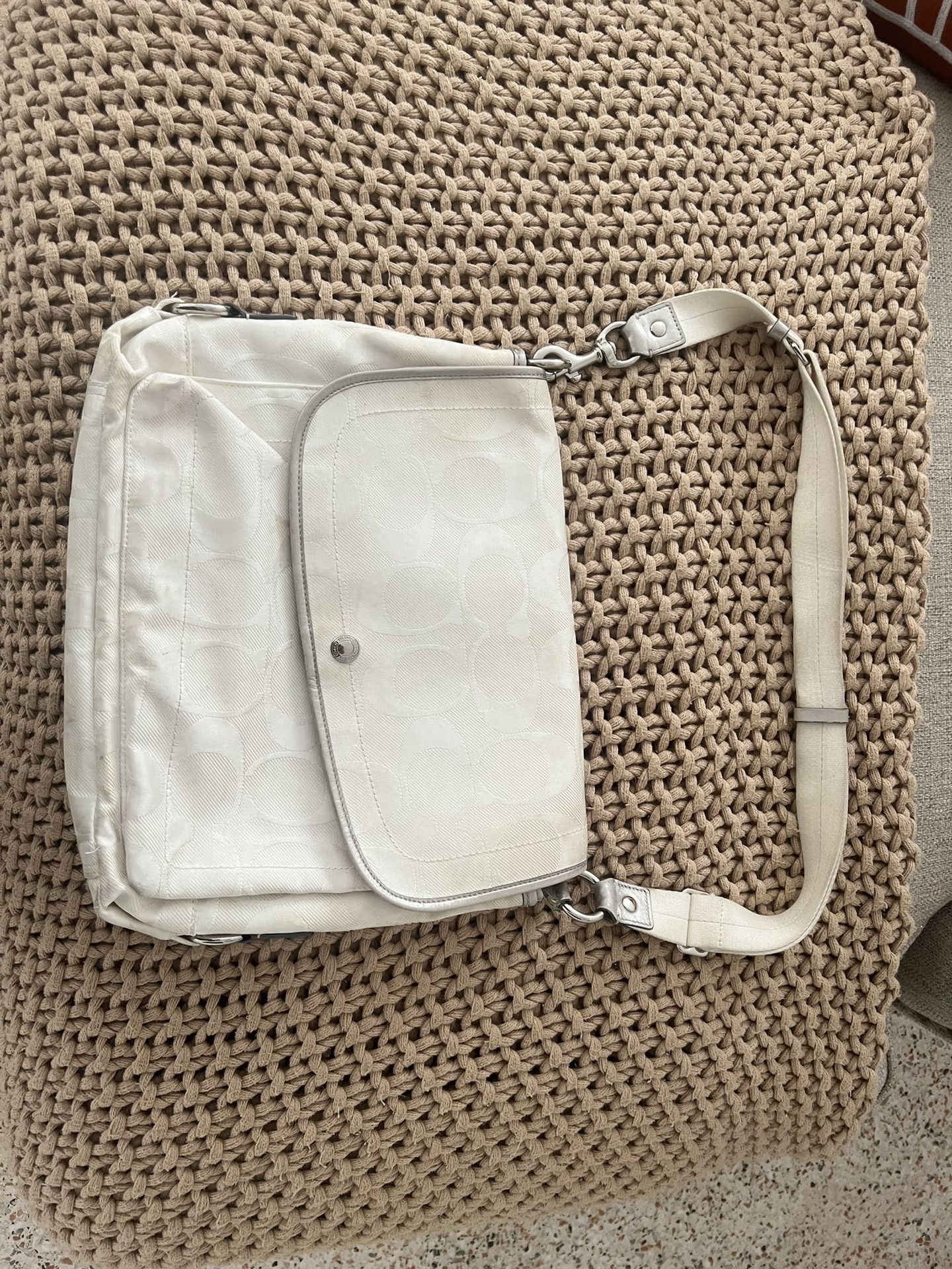 Vintage white Coach Signature Canvas Flap messenger Bag with pink interior