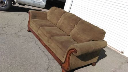 Soft Brown Fabric Couch W/wooden Accent