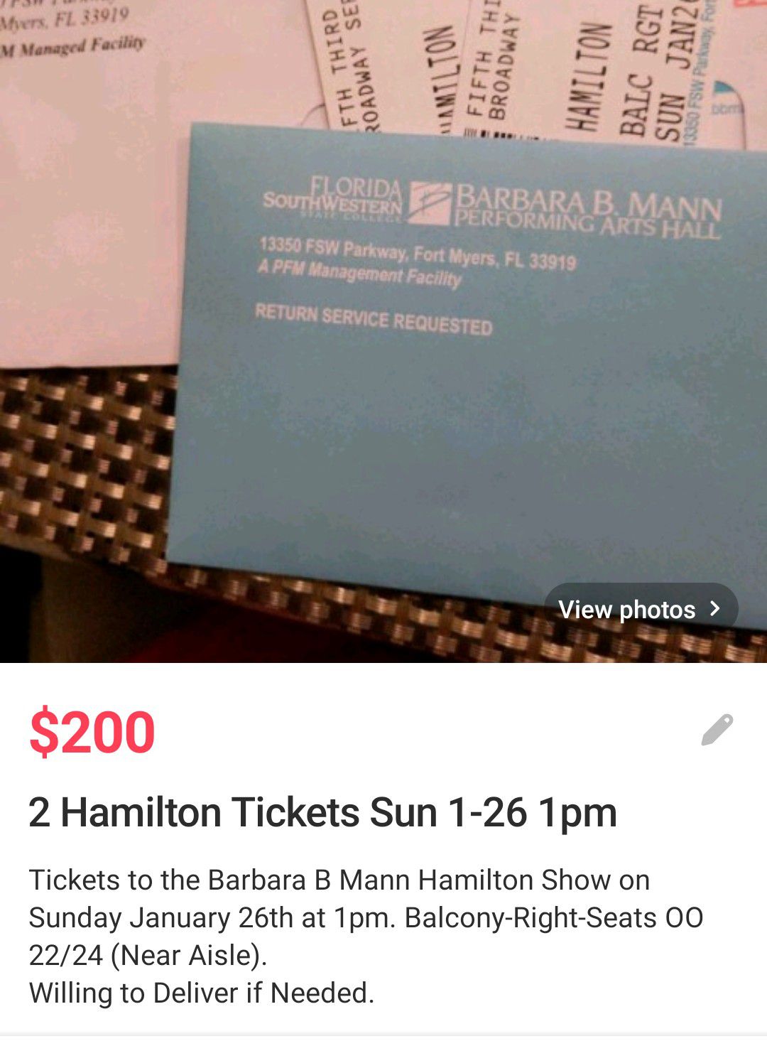 Sold out Broadway Hamilton Show for Sunday 1/26