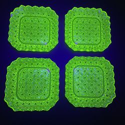 (4) 1900’s Vaseline Uranium Glass Daisy & Button Square Dishes ($30 Each Or $100 For All 4)
