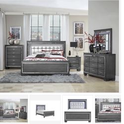 Allura Gray LED Upholstered Panel Bedroom Set ( Queen, king, twin, full bedroom set - bed frame- tall dresser, nightstand and chest, mattress options