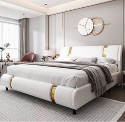 Modern Faux Leather Upholstered Platform Bed Frame with Golden Iron Metal Decor