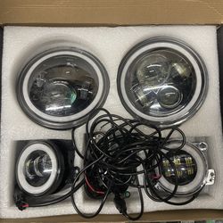 Headlights And Fog Lights Set Led Projector With Drl Halos White / Amber 