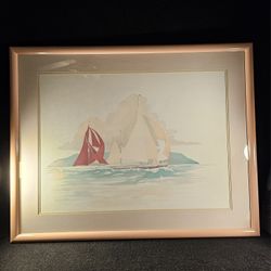 Gorgeous 38"X30" Framed Watercolor Print ' Sailboats At Arches France' ⭐️One-Of-A-Kind-Find⭐️