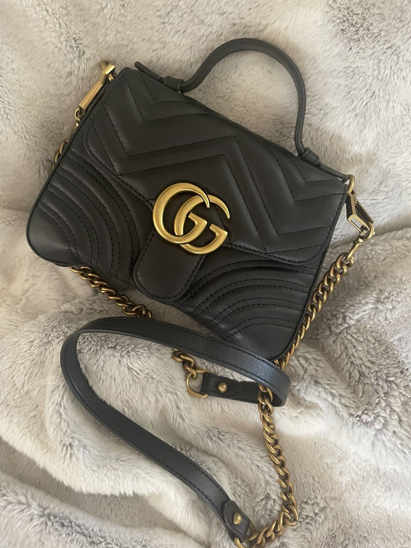 Black Chevron Leather GG Marmont Mini Top Handle Bag