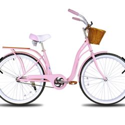 🥨Vintage 26” Adult Cruiser Bike with  Rattan Basket, Rear Rack. Pink