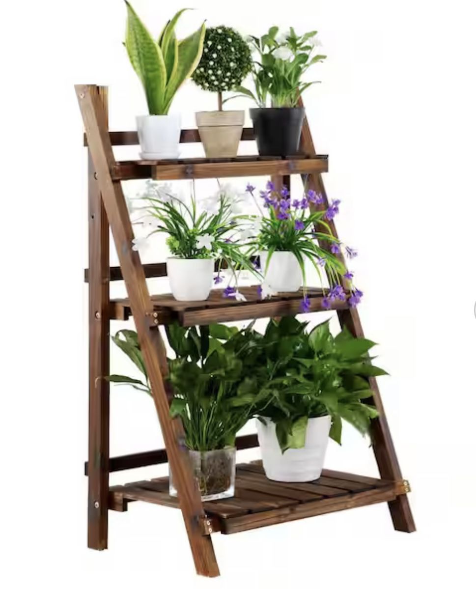 Indoors and Outdoors Folding Wooden Flower Pot Stand Flower Plant Display Ladder Stand (3-Tier)