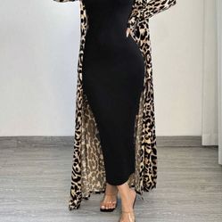 Women's Leopard Print Long Sleeve Maxi Jacket And Black Bodycon Dress Set