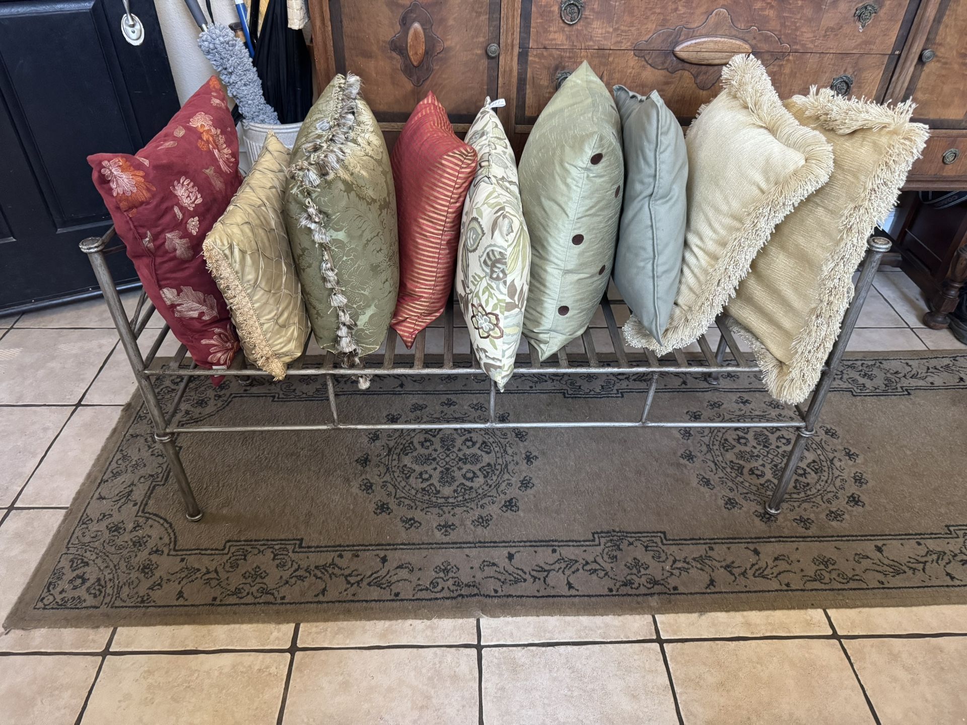 Wrought Iron Bench in Silver Gray(all pillows included)