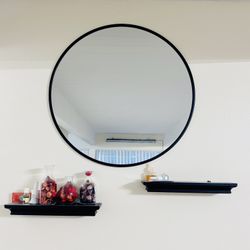Set round mirror28” - 2 Black Floating Shelves