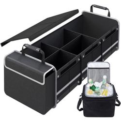  Car Trunk Organizer with Insulated Leakproof Cooler Bag, 4 in 1 Waterproof Portable Car Storage Organizer with Collapsible Cover, 3 Large Compartment