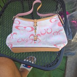 Coach White/Pink Logo printed fabric/ camel leather trim