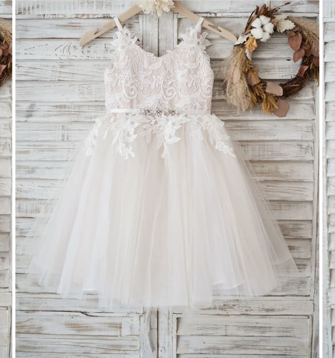 Champagne with  White Lace Flower Girl Dress