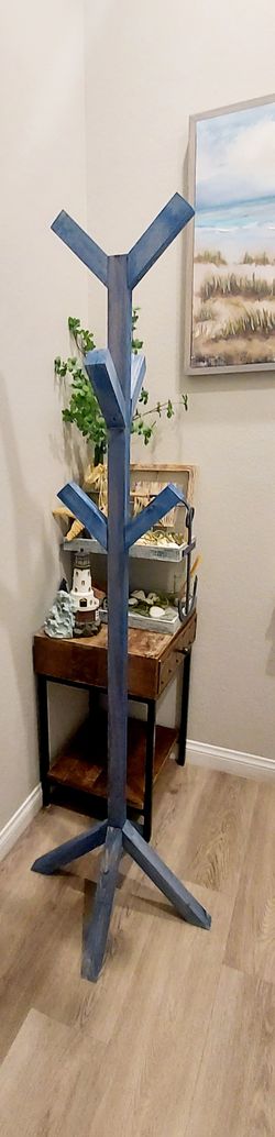 🌱6 Hooks Solid Wood Coat/Hat/Bag Rack Tree Stand ::: 65"H X 20"W X 20"D ::: Compass Blue