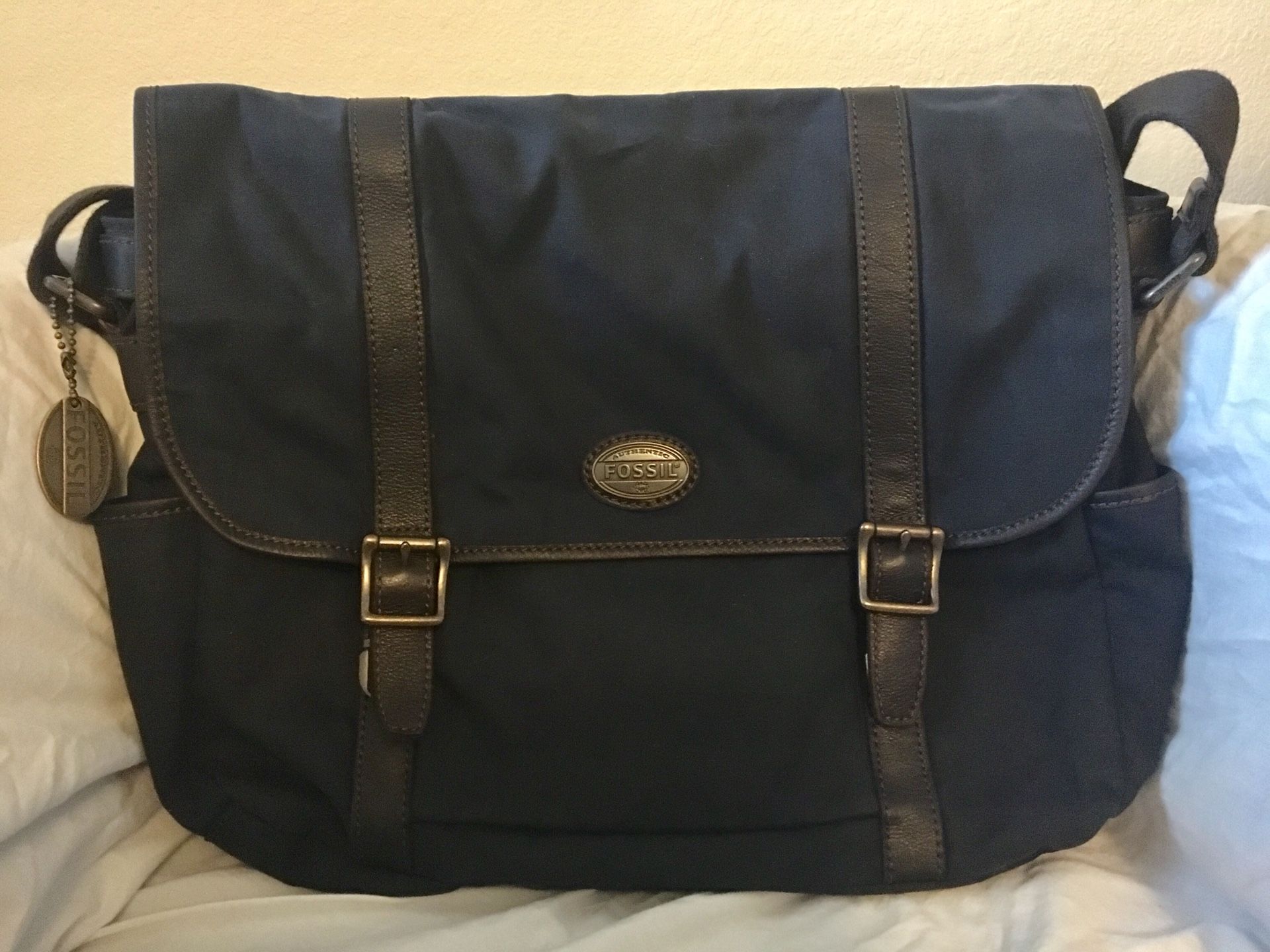 Authentic Fossil Blue Canvas and Leather Messenger Bag