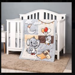 3pcs Elephant Penguin Print Baby Bedding Set, Crib Bedding Set For Children Nursery Kids, Kids' Home Store (1pc*Quilt + 1pc*Fitted Sheet + 1pc*Crib Sk