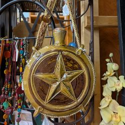 Vintage Star-Embellished Brown and Golden Decorative Ceramic Canteen - signed