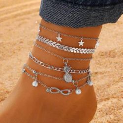 5 piece fashion star and shell decor anklet for women for daily decoration. silver tone