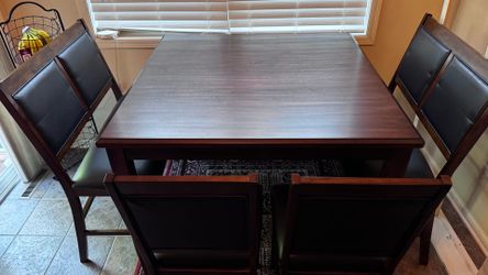 Dark Wood Dining Table with 6 Black Upholstered Chairs - 6 Piece Set