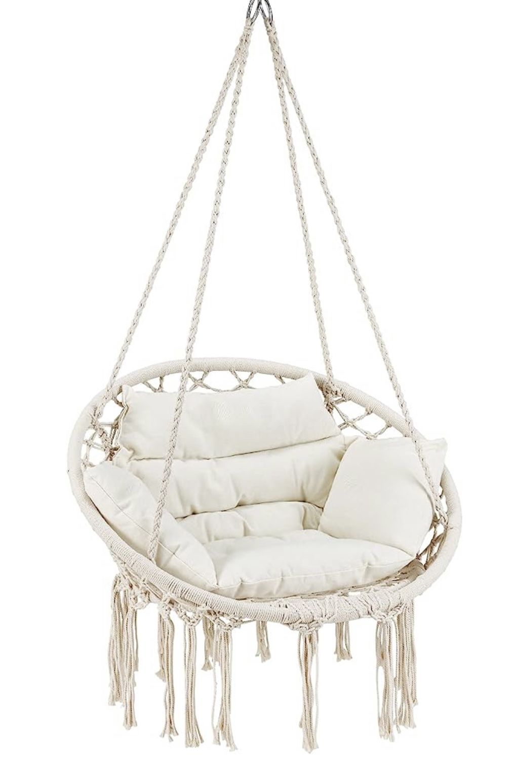 Hammock Swing Chair with Cushion and Hardware Kits, Handwoven Cotton Rope Macrame Hanging Swing Chair for Indoor, Outdoor, Patio, Bedr