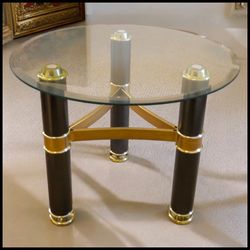Vintage 1960's Italian Mid Century Modern Tomasso Barbi Style Brass Plated/Black Metal Base/Beveled Edge Glass Top Round Side Table