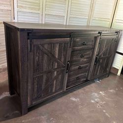 Farmhouse Sideboard Buffet Cabinet with Storage, 60" Large Kitchen Cabinet w/Sliding Barn Doors and 4 Drawers, 31.2'' Tall Rustic Wood Coffee Bar Tabl