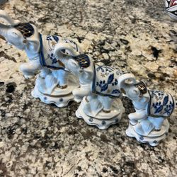 3 Mid Century Blue Circus Elephants, Trunk Up