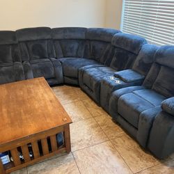 New Reclining Sectional.  Grey, Brown, Beige Faux Suede.  100” X 114” X 39”H.  Free Delivery!