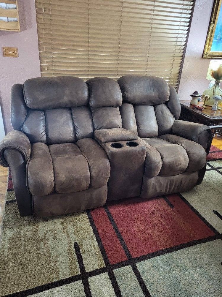 Brown Two Seat Sofa + Recliner Seat