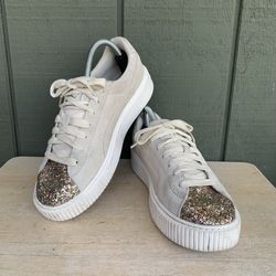 Puma Basket Womens Platform Glitter Trainers Silver US 10 EU 41 UK 7.5