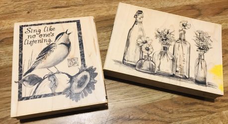 Lot of 2 Large Wooden Stamps Vintage Glass, Flowers, Bird "Sing Like No One's Listening"