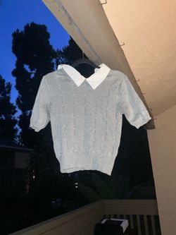 Gray Pearl-Embellished Collared Sweater – Size L