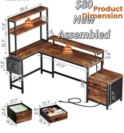 😀 70 Inch L Shaped Desk with File Drawers and Reversible Storage Shelves, Computer Desk with Power Outlet & LED Strip, Home Office Desks, Writing Stu