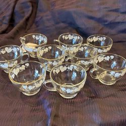 1950’s Anchor Hocking Grape Leaf Punch Glass 9pc Set Gold Trim
