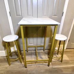 Finnhomy Bar Height Table Set, 23.6" Pub High Top Table with 2 Stools, Faux marble top w/ Gold Legs