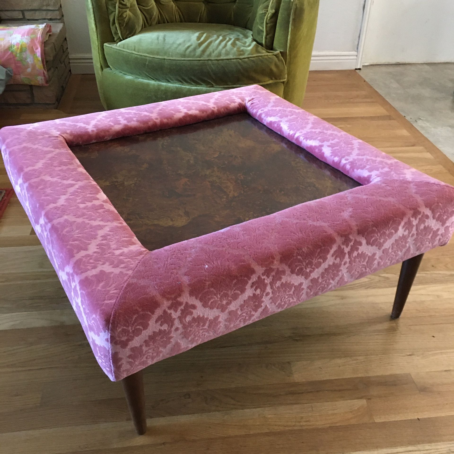 Mid Century Modern Pink Velvet Ottoman Coffee End Table