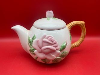 Vintage Teleflora 3D Soft Pink Rose Pattern Teapot Branch Handle 1980’s NICE!