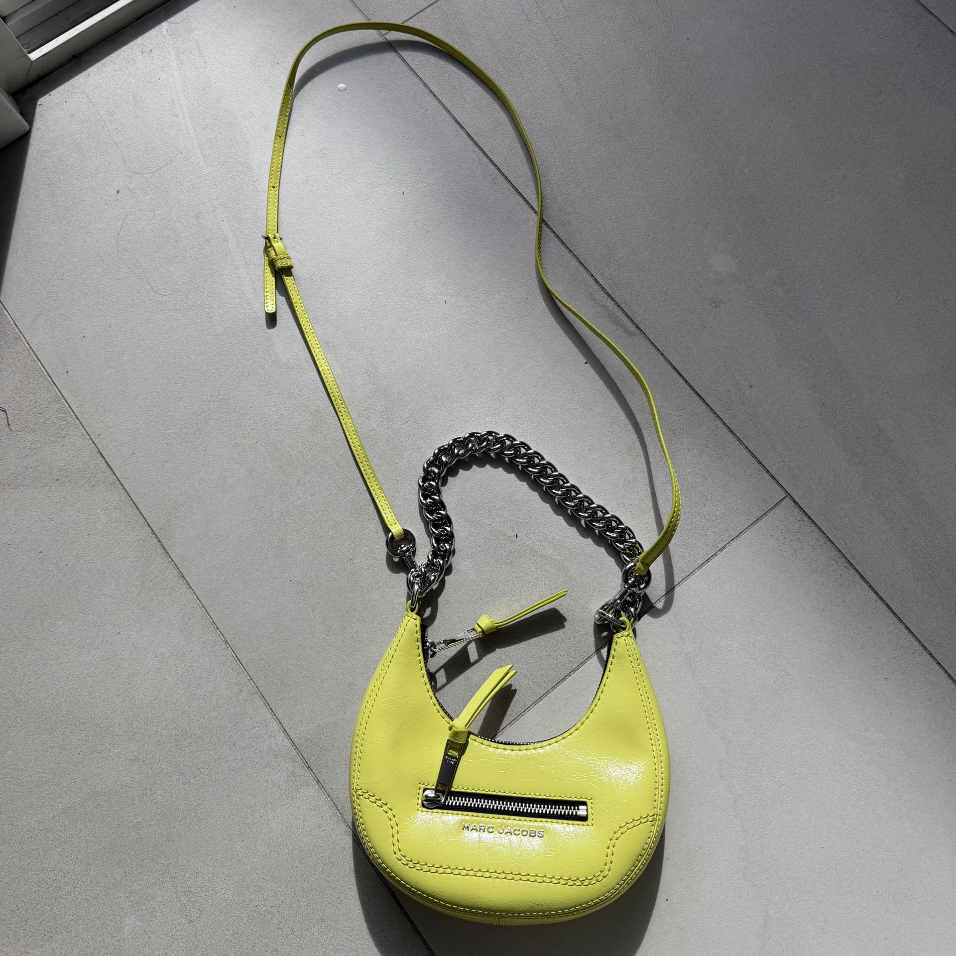 Marc Jacobs Mini Crescent Crinkle Leather Crossbody Bag with Silver Hardware Chain in Limoncello 