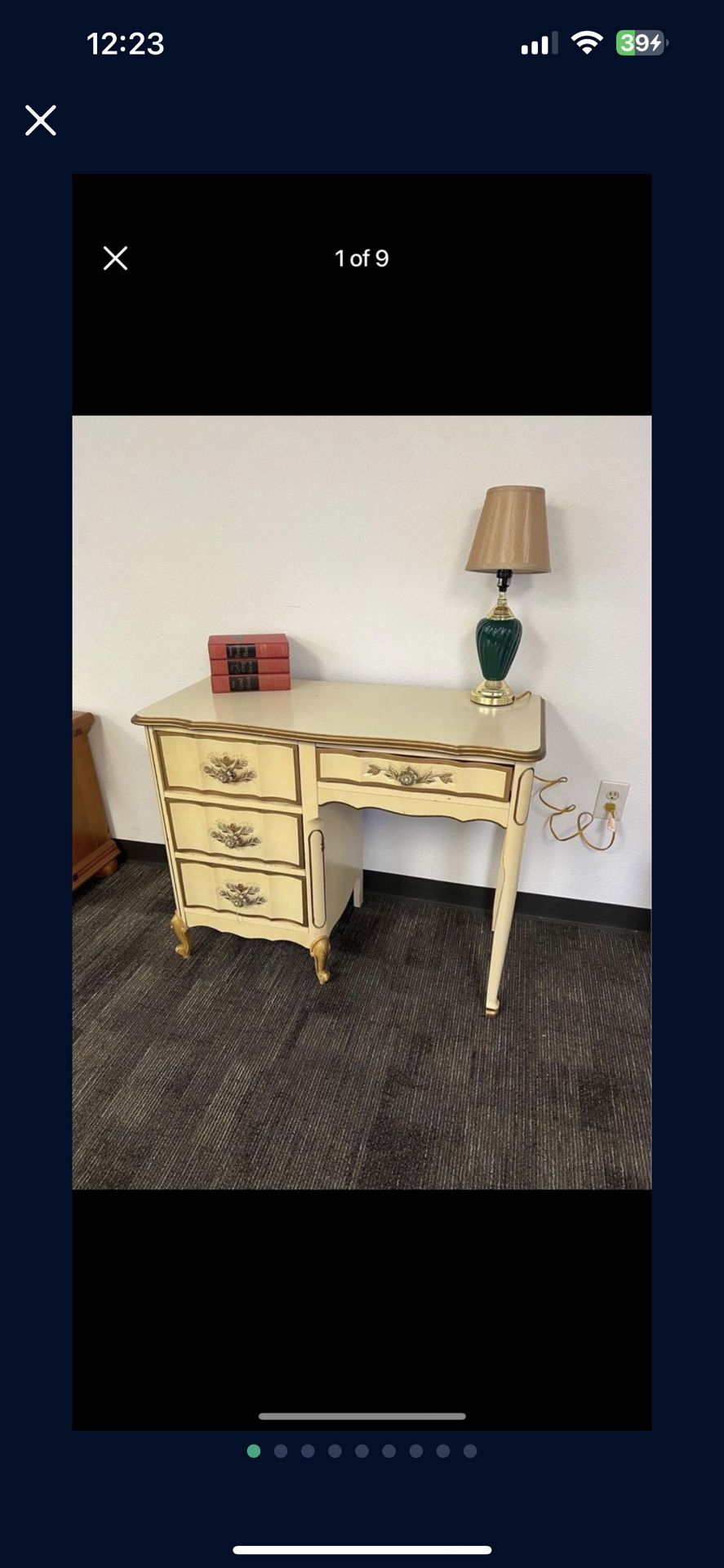 Mid Century Hollywood Regency 1940’s Cream Gold Desk 40” Antique Shabby Chic Table