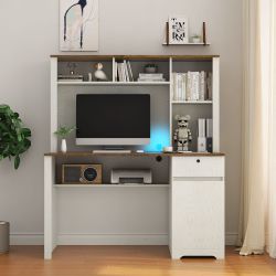 Computer Desk with Hutch and Bookshelf – Wood Writing Desk with Lockable Drawer, LED Light & Charging Station