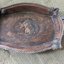 VINTAGE ITALIAN SERVING TRAY FAUX WOOD CARVED INLAY HORSE MAKE OFFER